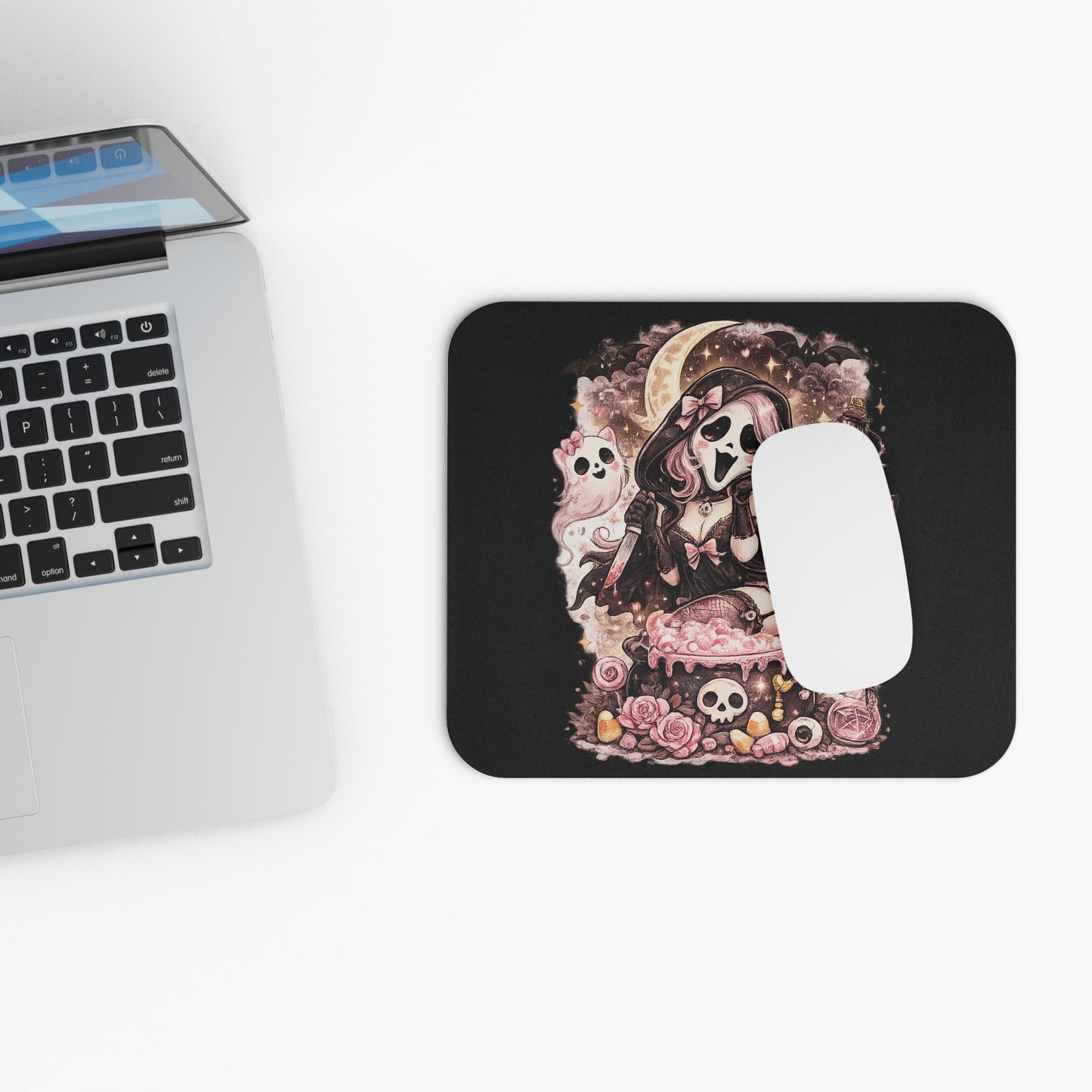 Kawaii Witch Skull Mouse Pad — Pastel Goth Magical Cat & Cauldron Gaming Desk Mat
