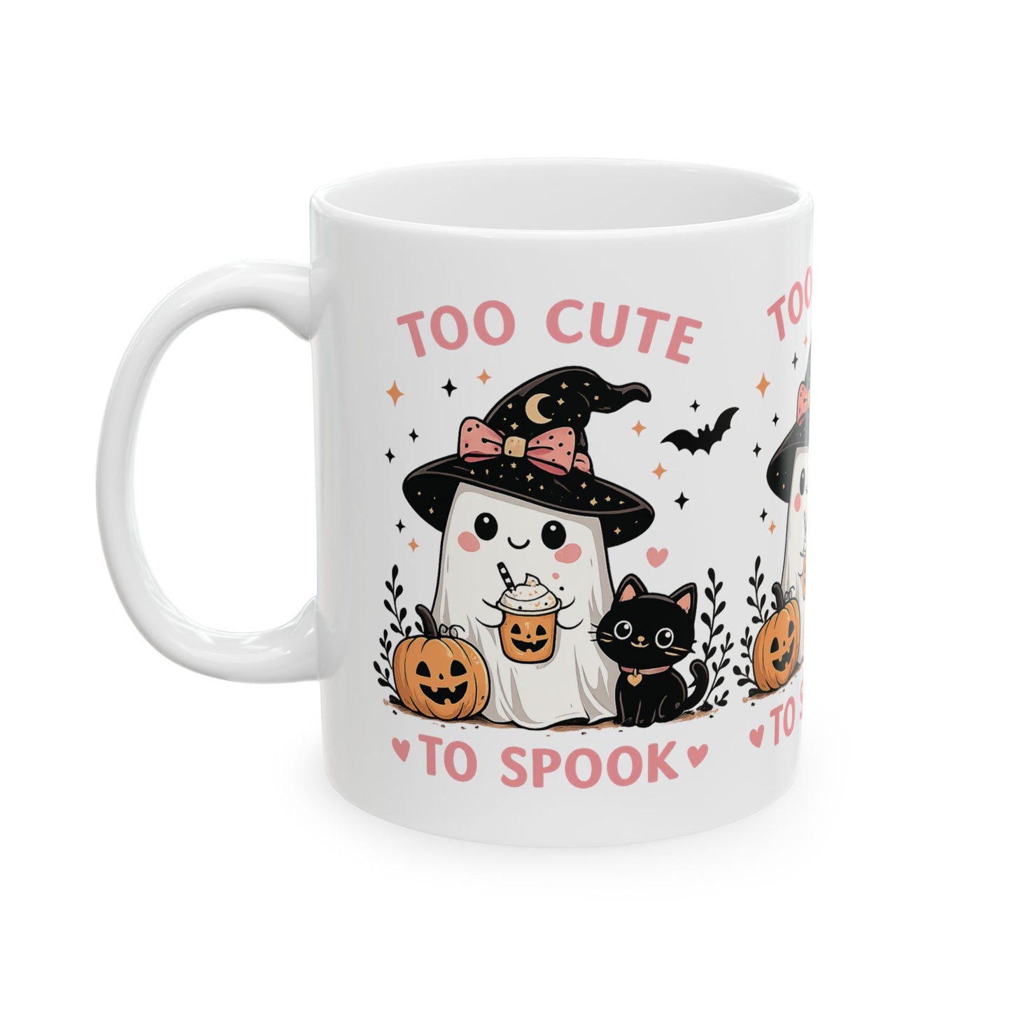 Too Cute to Spook Halloween Mug — Cute Ghost Witch with Black Cat & Pumpkins (11oz/15oz)