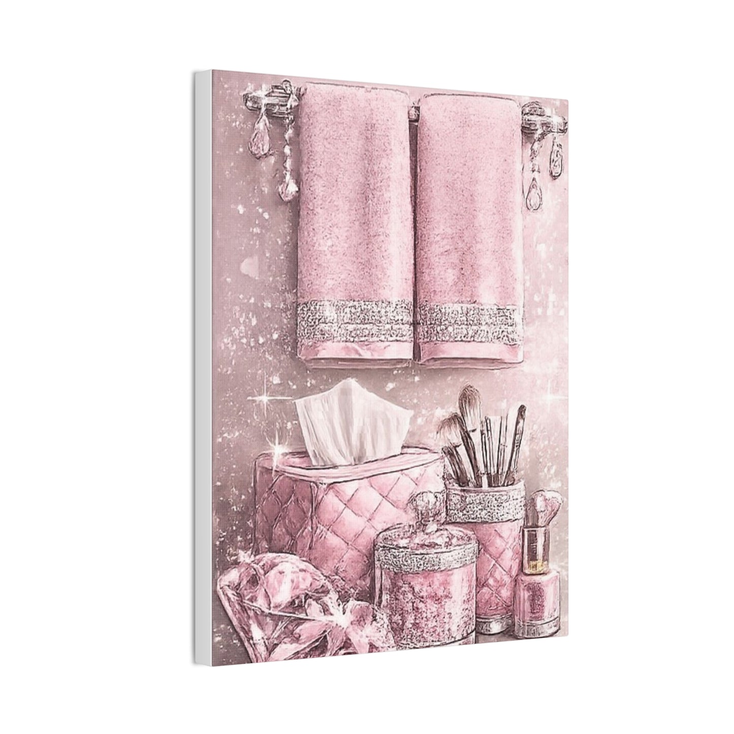 Pink Glam Bathroom Vanity Canvas - Makeup Brushes & Towels Wall Art