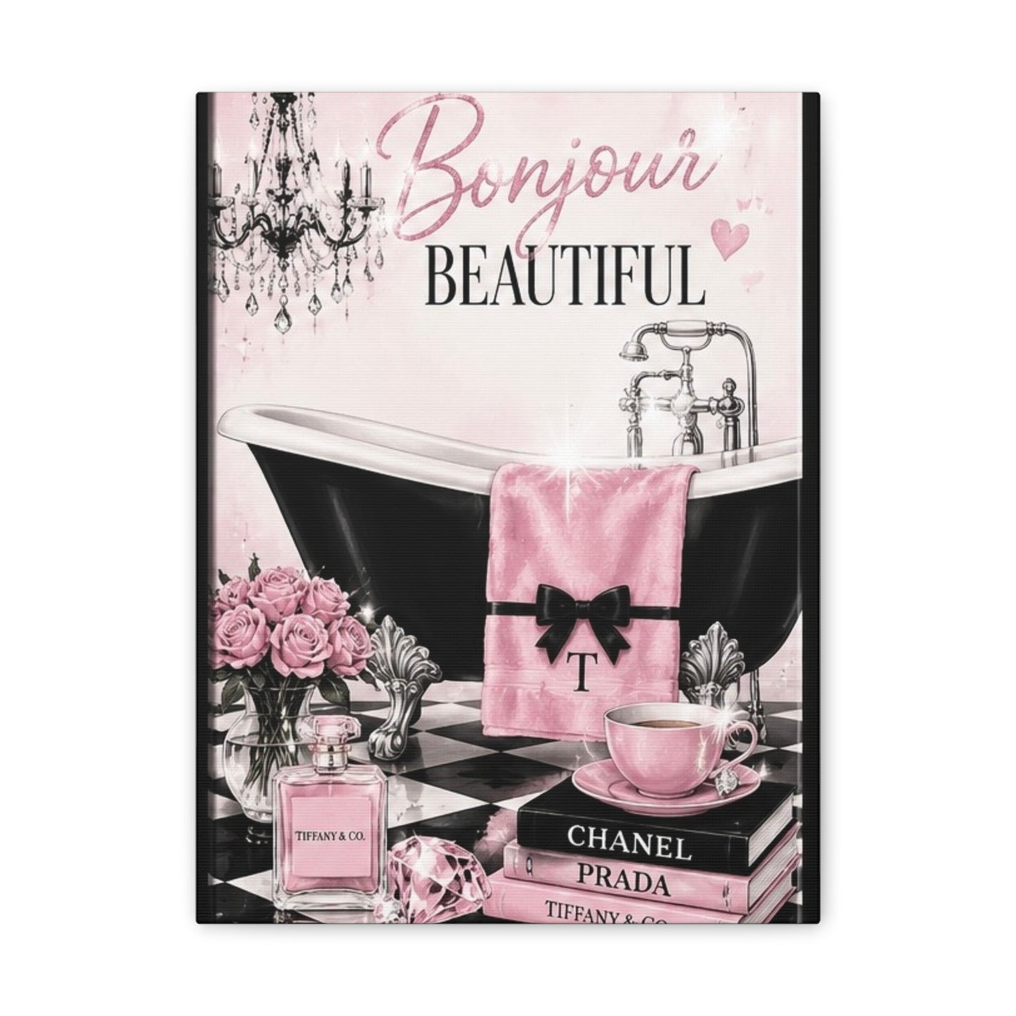 Bonjour Beautiful Wall Art — Pink Parisian Bathroom Canvas