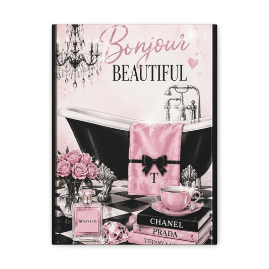 Bonjour Beautiful Wall Art — Pink Parisian Bathroom Canvas