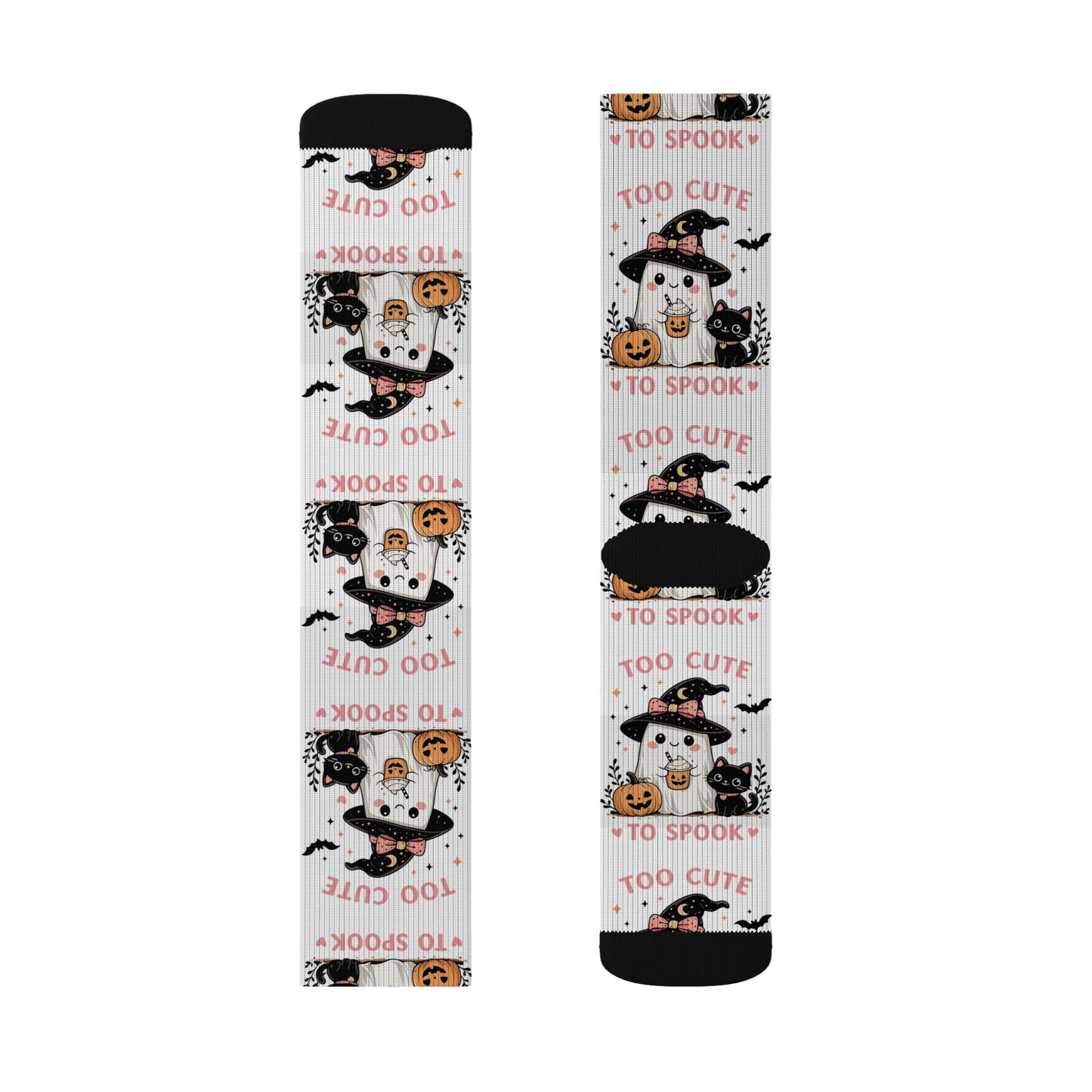 Halloween Cat & Pumpkin Socks — 'Too Cute to Spook' Sublimation Crew Socks