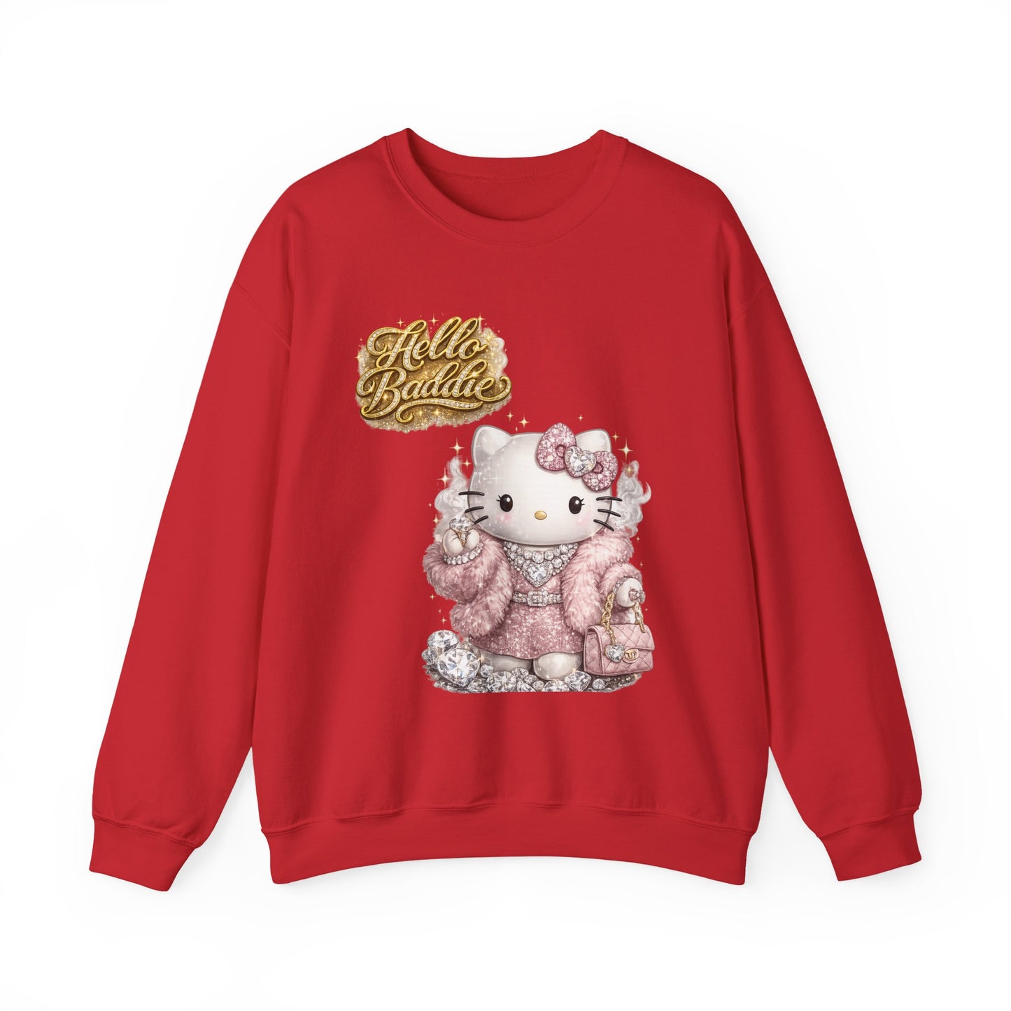 Hello Baddie Crewneck Sweatshirt — Cute Pink Kitty Graphic