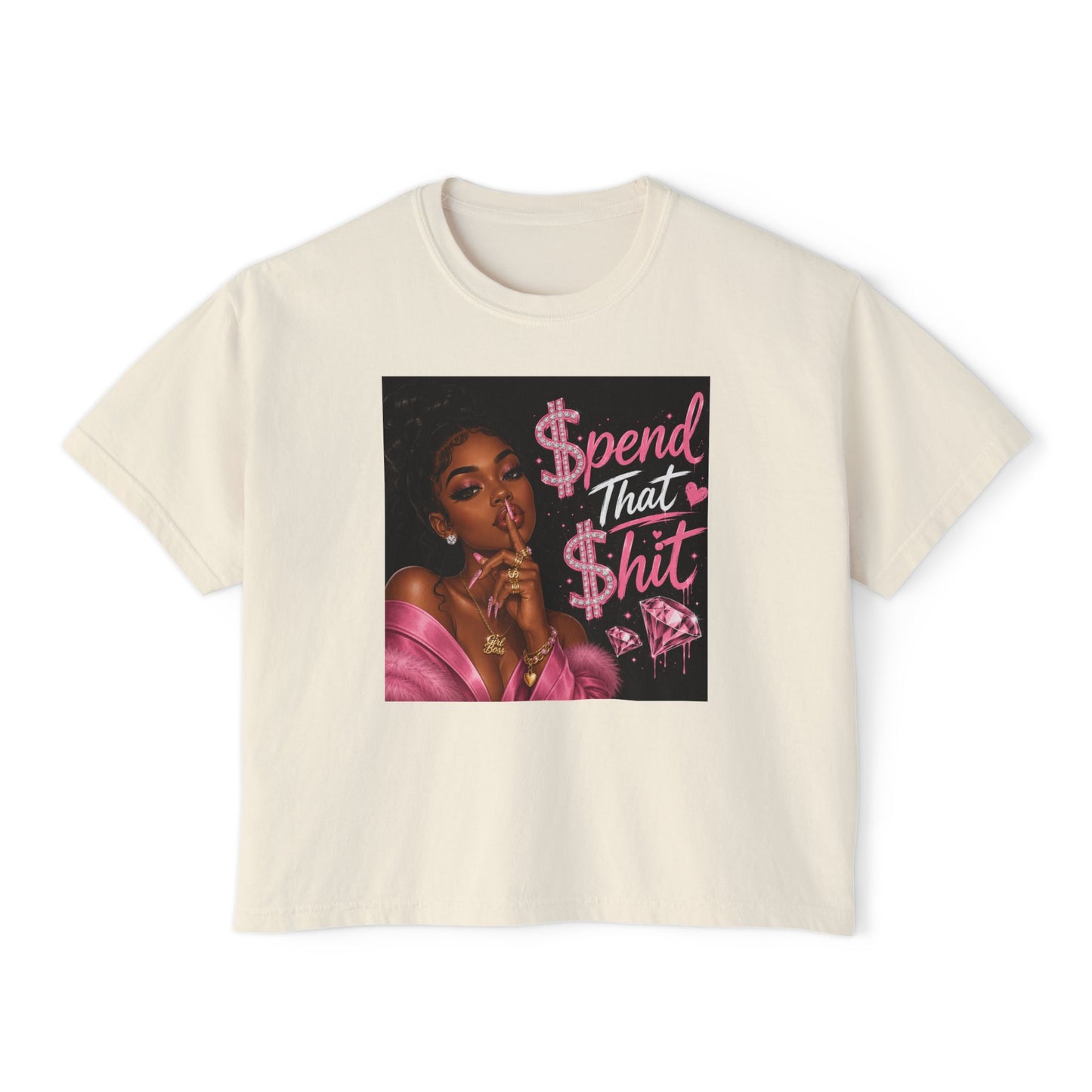 Spend That Shit Boxy Tee — Bold Pink Glam Graphic T-Shirt