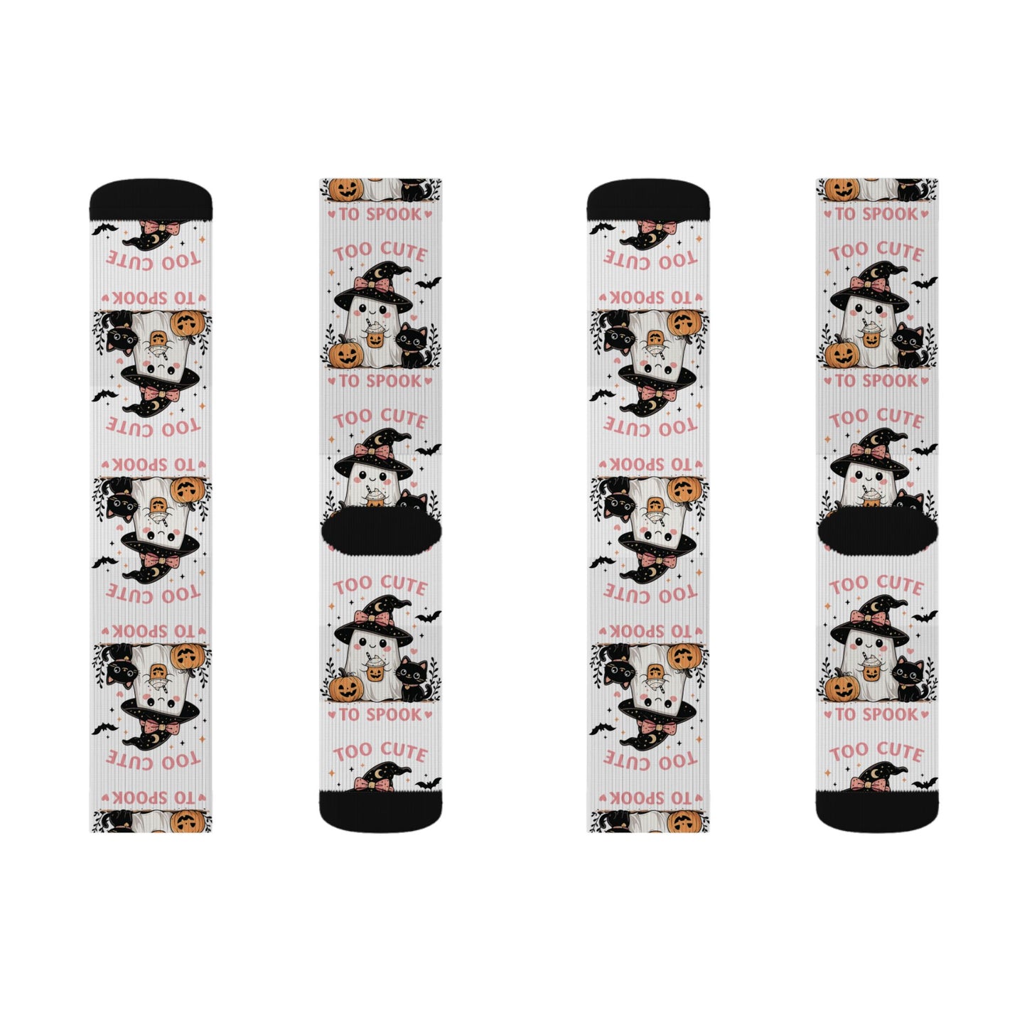 Halloween Cat & Pumpkin Socks — 'Too Cute to Spook' Sublimation Crew Socks
