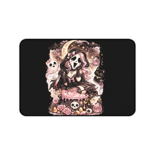 Cute Gothic Witch Desk Mat — Pink Reaper Skull Cat Mousepad