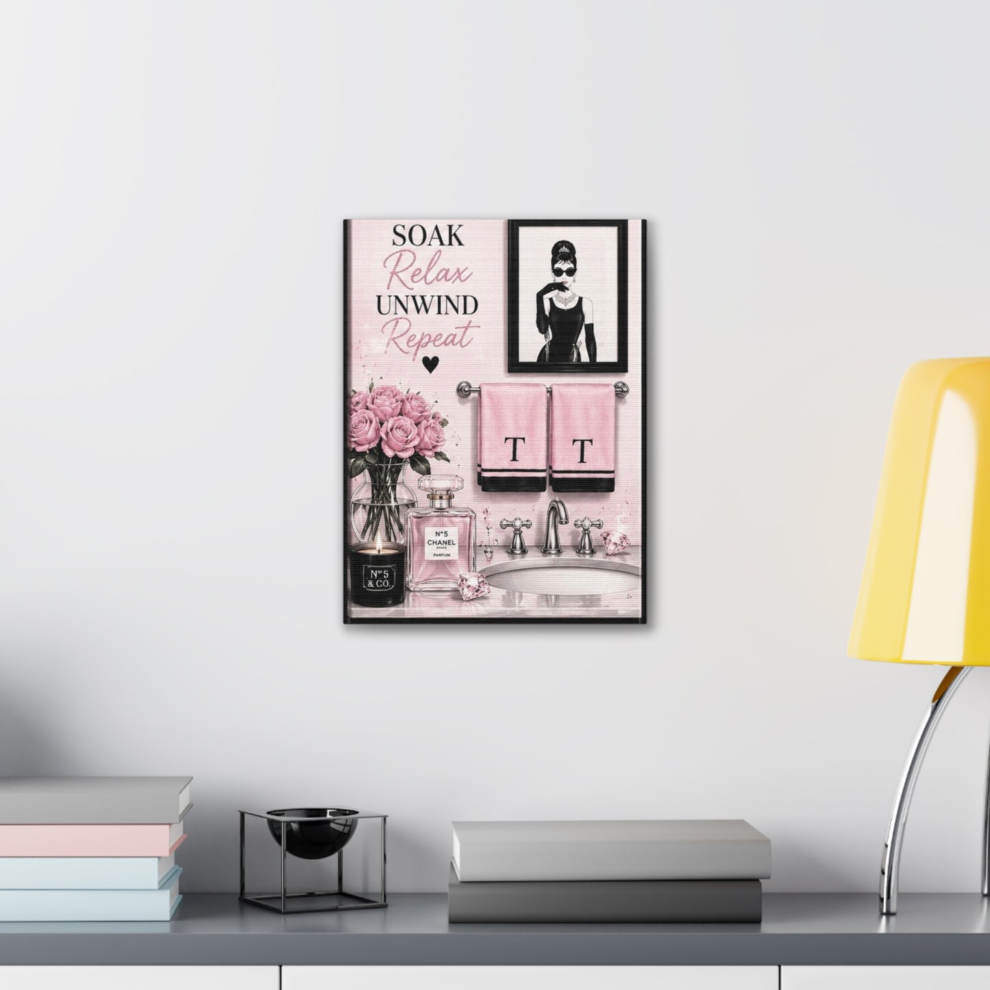 Soak Relax Unwind Repeat Bathroom Canvas Wall Art – Pink Spa Vanity Print