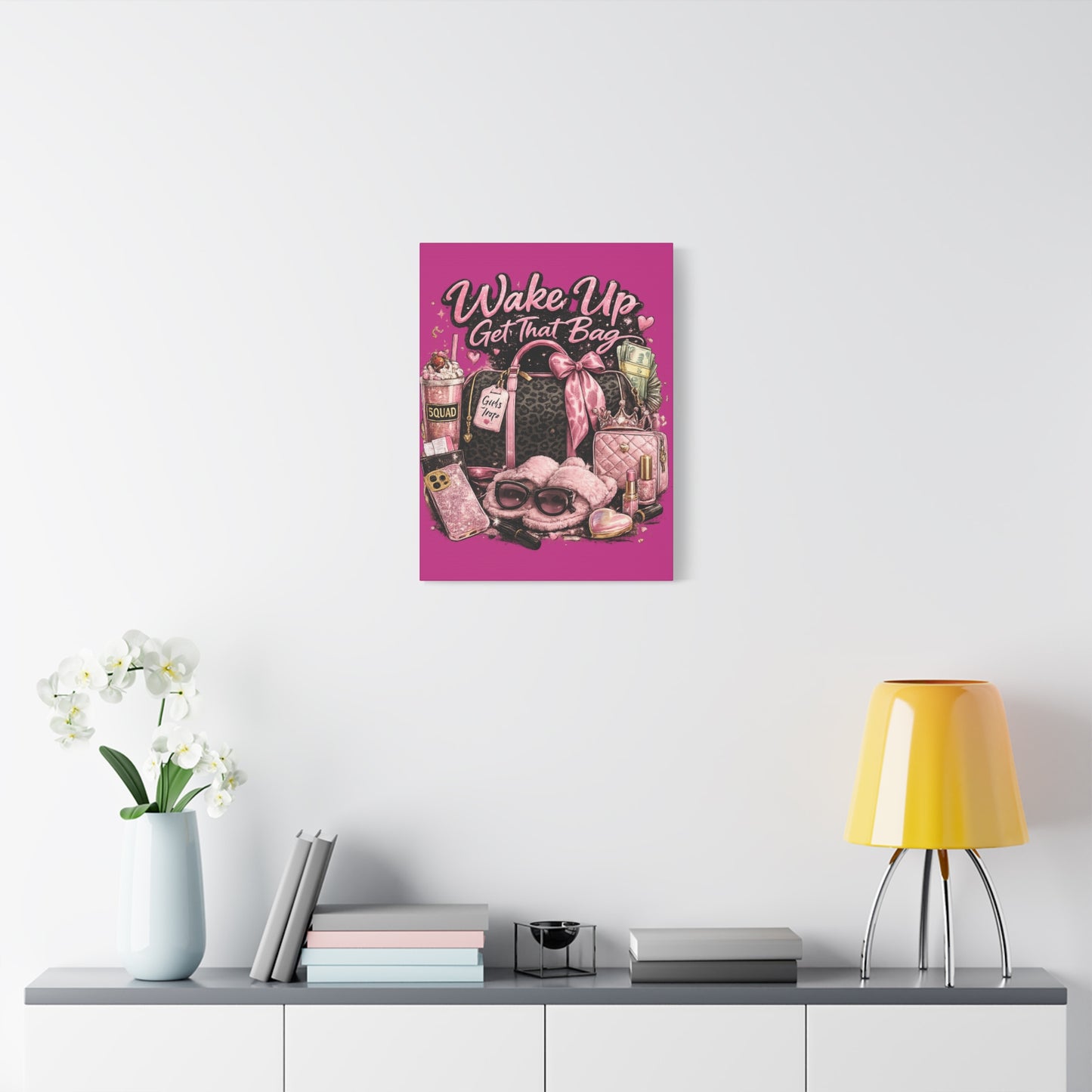Wake Up Get That Bag Canvas Wall Art — Pink Fashion Glam Bedroom Decor