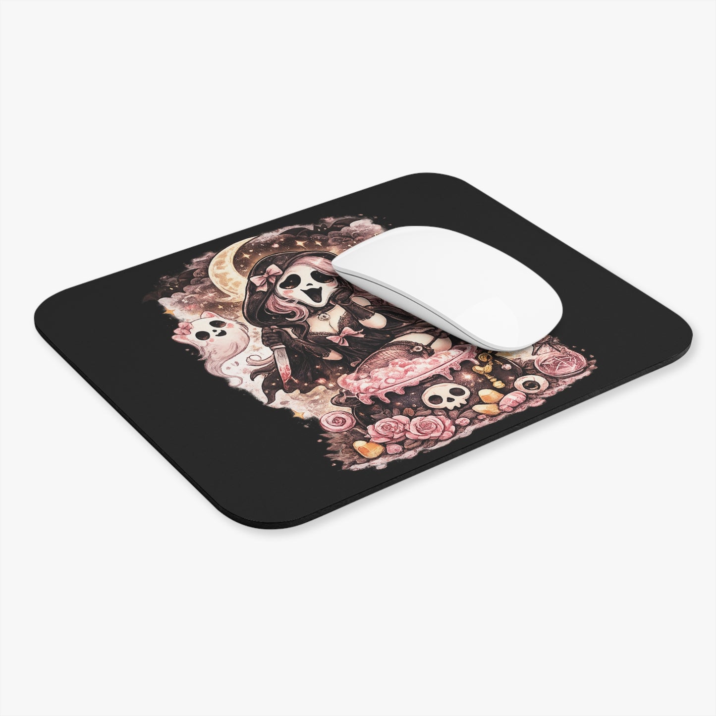 Kawaii Witch Skull Mouse Pad — Pastel Goth Magical Cat & Cauldron Gaming Desk Mat