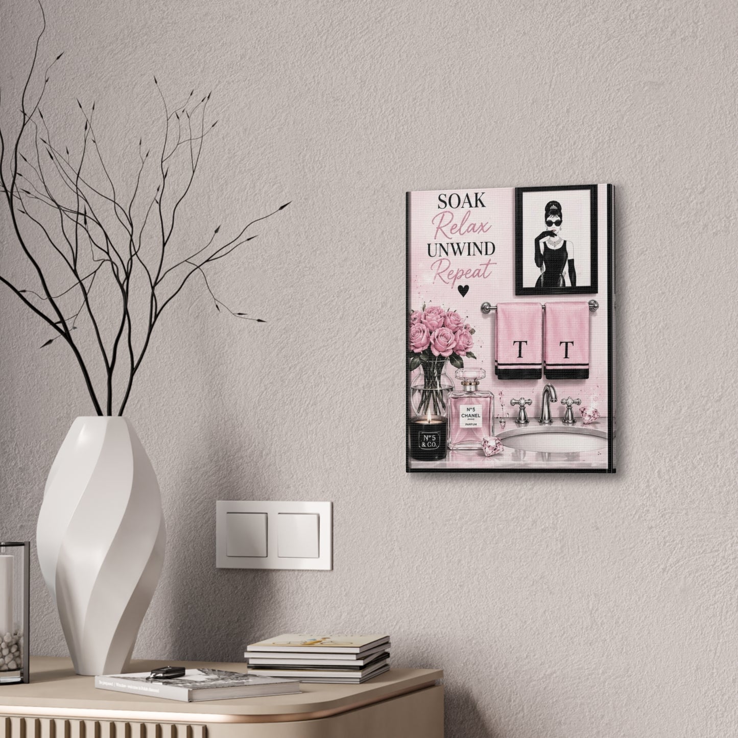 Soak Relax Unwind Repeat Bathroom Canvas Wall Art – Pink Spa Vanity Print