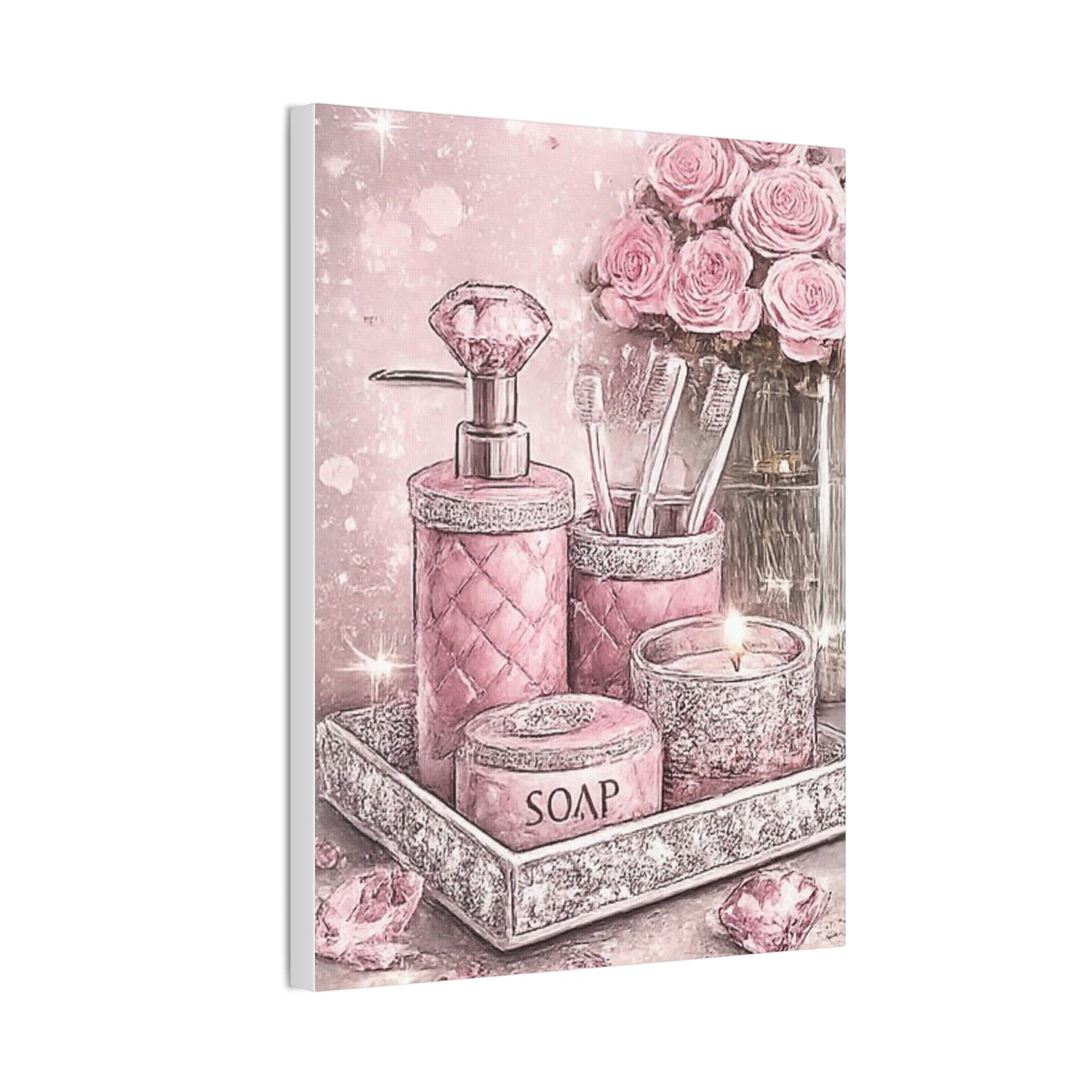 Pink Glam Bathroom Vanity Canvas Art — Sparkling Soap & Roses Wall Decor