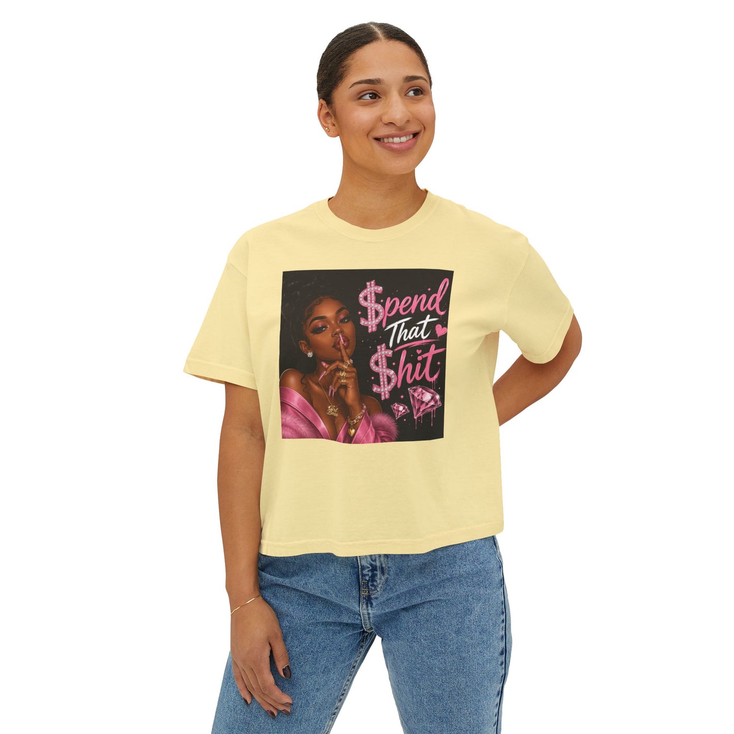 Spend That Shit Boxy Tee — Bold Pink Glam Graphic T-Shirt