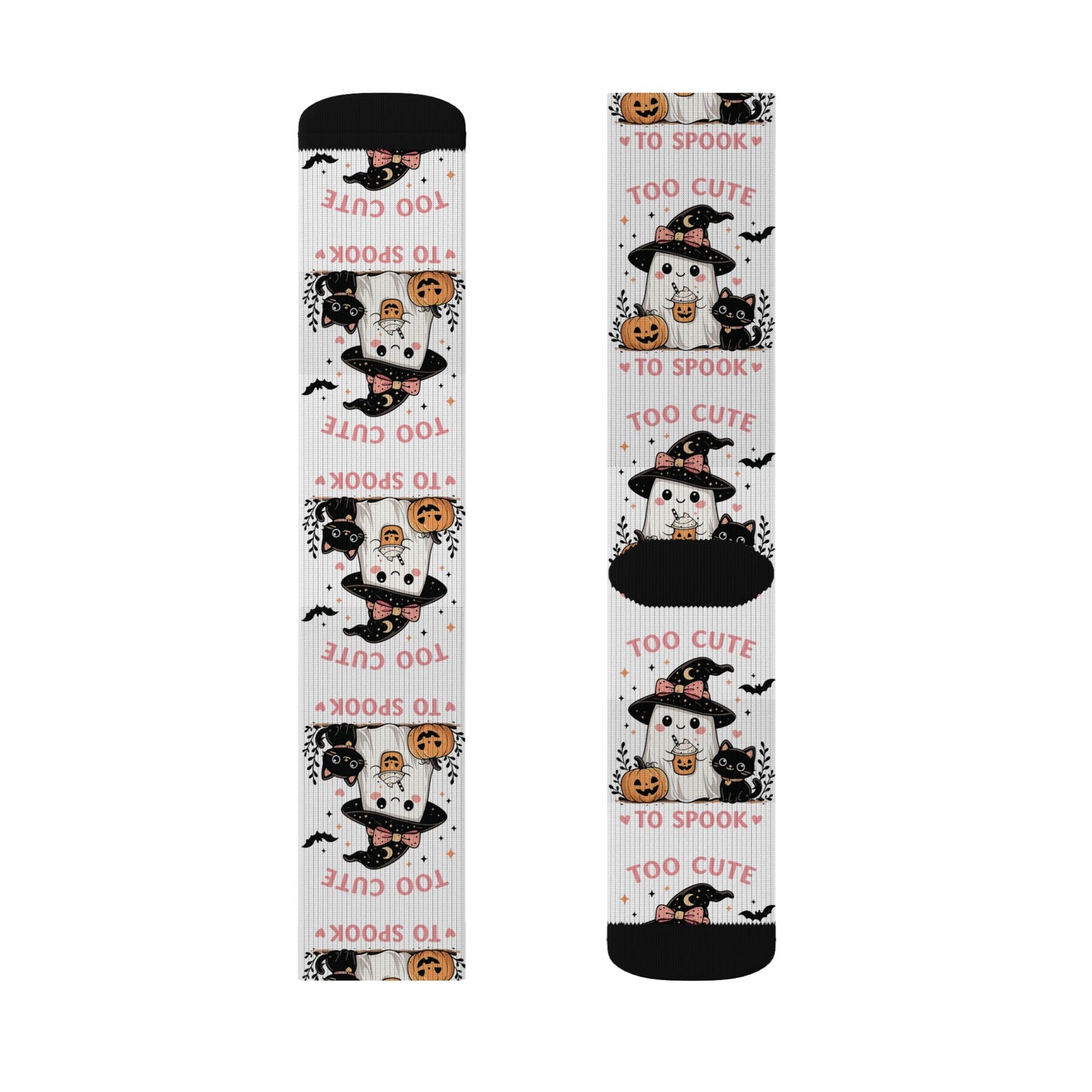 Halloween Cat & Pumpkin Socks — 'Too Cute to Spook' Sublimation Crew Socks