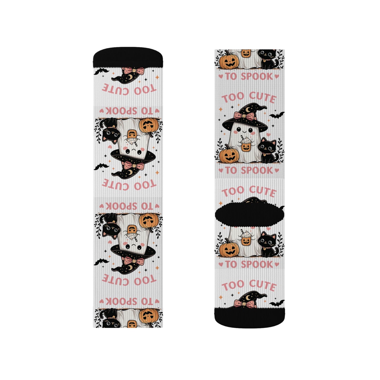 Halloween Cat & Pumpkin Socks — 'Too Cute to Spook' Sublimation Crew Socks