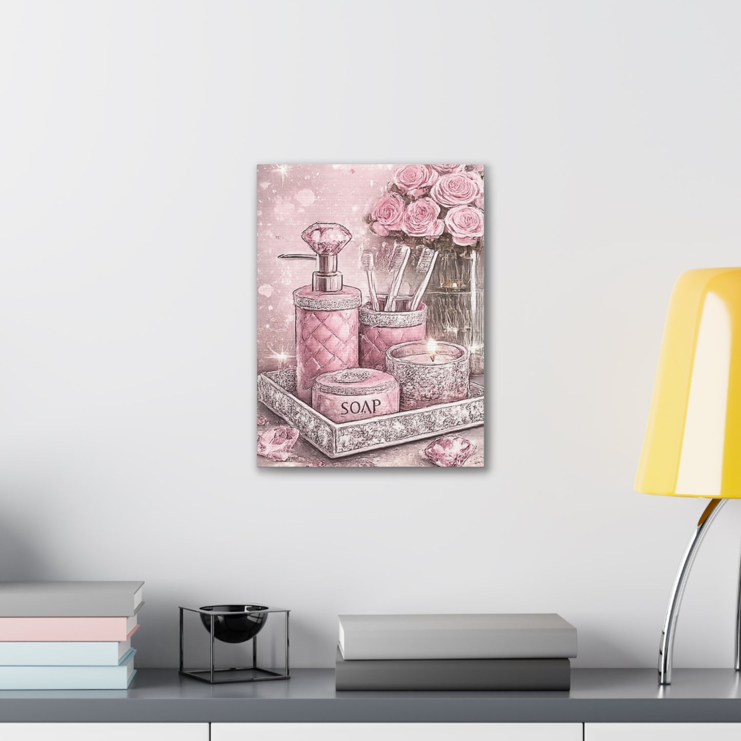 Pink Glam Bathroom Vanity Canvas Art — Sparkling Soap & Roses Wall Decor