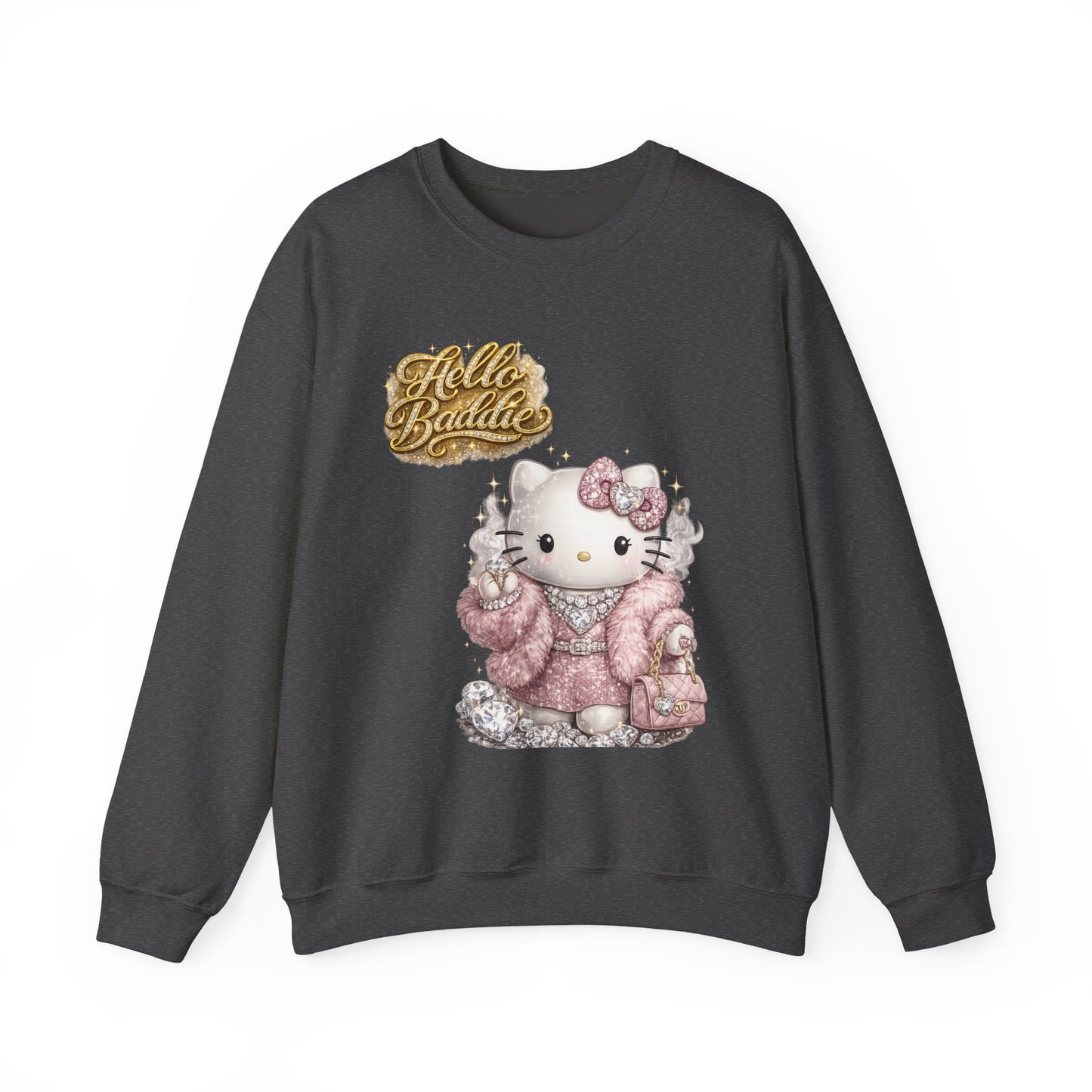 Hello Baddie Crewneck Sweatshirt — Cute Pink Kitty Graphic