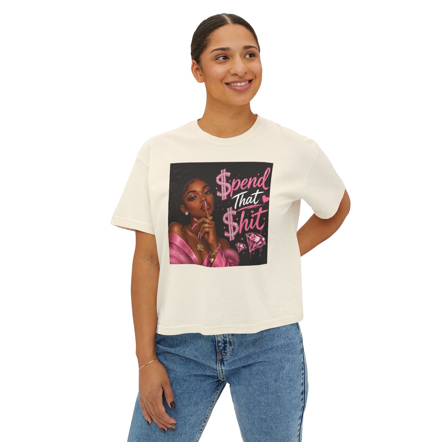 Spend That Shit Boxy Tee — Bold Pink Glam Graphic T-Shirt