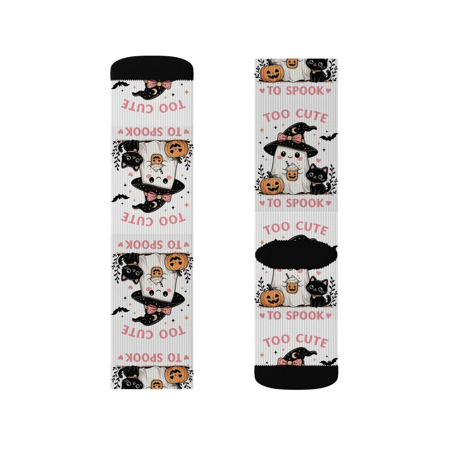Halloween Cat & Pumpkin Socks — 'Too Cute to Spook' Sublimation Crew Socks