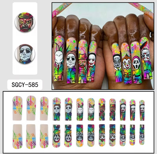 Horror Halloween Press-On Nails | Colorful Spooky Movie-Inspired Long Coffin Fake Nails