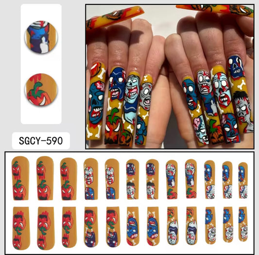 Undead Halloween Press-On Nails | Colorful Horror Long Coffin Fake Nails | Reusable Spooky Nail Set