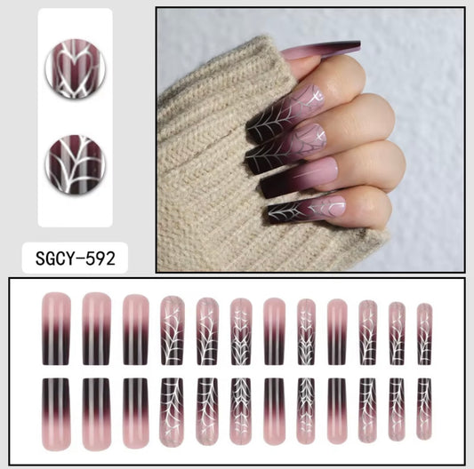 Pink & Black Spider Web Press-On Nails | Gothic Halloween Long Coffin Fake Nails | Reusable Ombre Nail Set