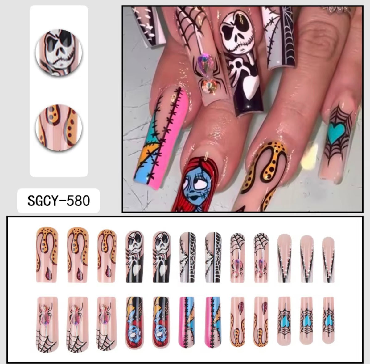 Halloween Movie Inspired Press-On Nails | Spooky Doll Long Coffin Fake Nails | Reusable Halloween Nail Set
