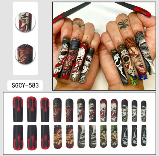 Horror Movie Halloween Press-On Nails | Long Coffin Spooky Character Fake Nails | Reusable Gothic Nail Set