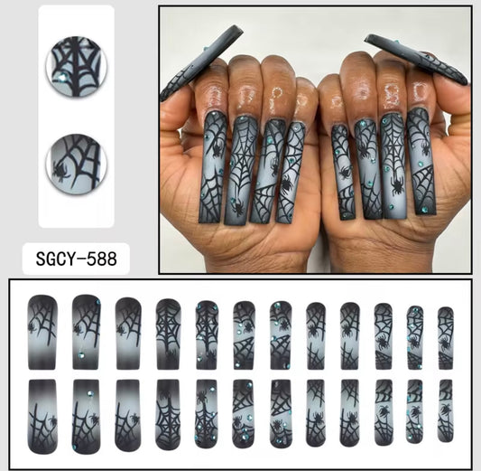 Black Spider Web Halloween Press-On Nails | Long Coffin Spider Fake Nails | Gothic Reusable Nail Set