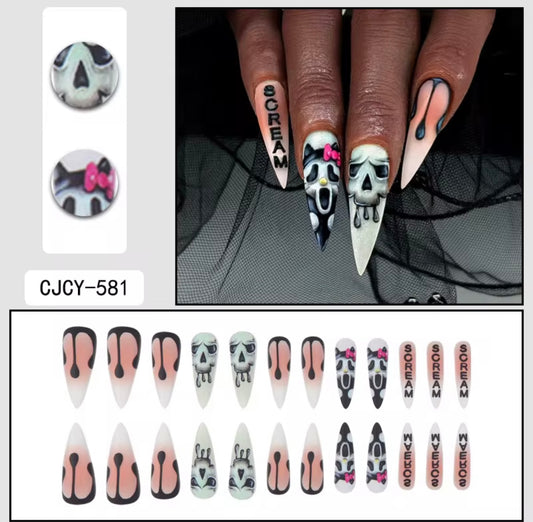 Ghostface Halloween Press-On Nails | Scream Horror Stiletto Fake Nails | Reusable Spooky Nail Set
