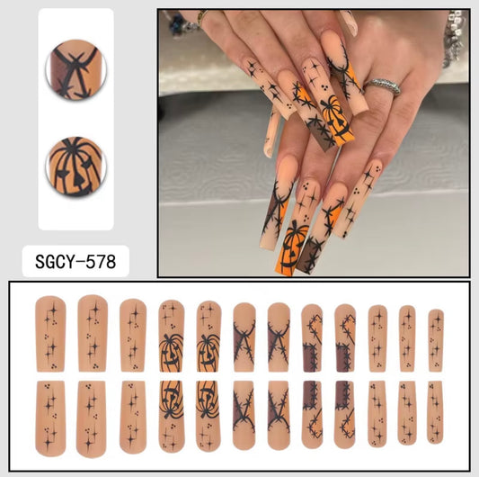 Nude Pumpkin Halloween Press-On Nails | Long Coffin Jack-O’-Lantern Fake Nails | Reusable Spooky Nail Set