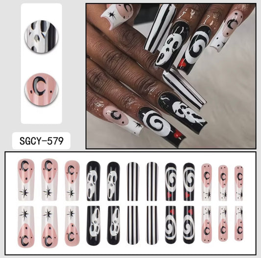 Black & White Horror Halloween Press-On Nails | Long Coffin Spooky Fake Nails | Reusable Gothic Nail Set