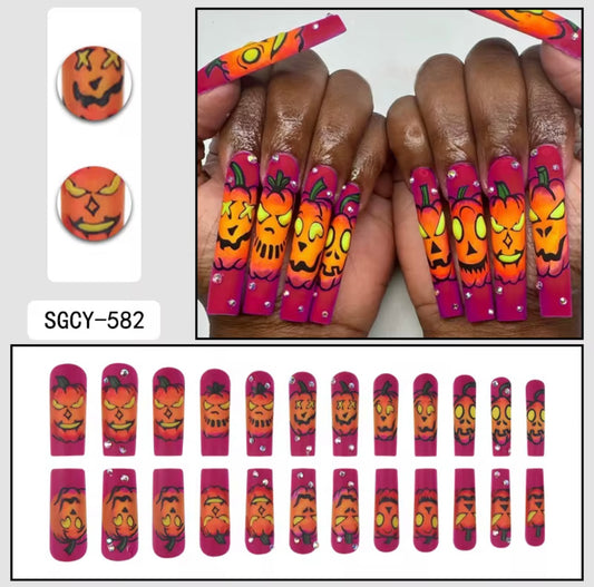 Pumpkin Halloween Press-On Nails | Cute Jack-O’-Lantern Long Coffin Fake Nails | Reusable Spooky Nail Set