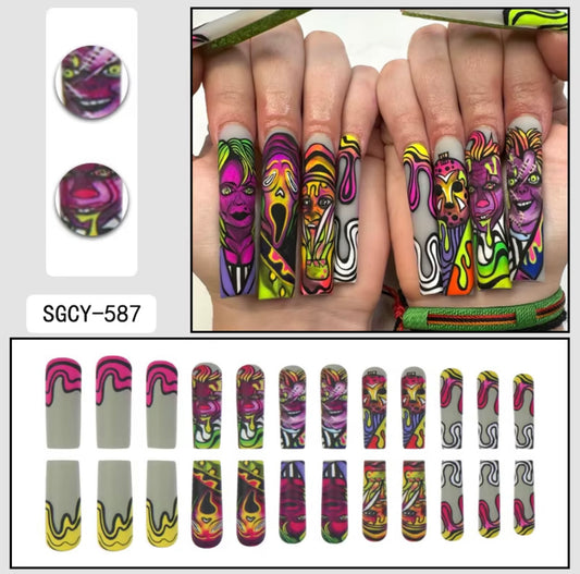 Neon Horror Halloween Press-On Nails | Colorful Spooky Long Coffin Fake Nails | Reusable Gothic Nail Set
