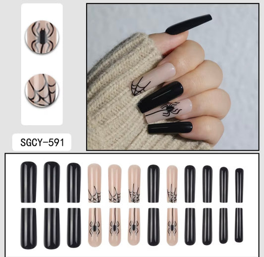 Black Spider Press-On Nails | Gothic Halloween Long Coffin Fake Nails | Reusable Spider Web Nail Set